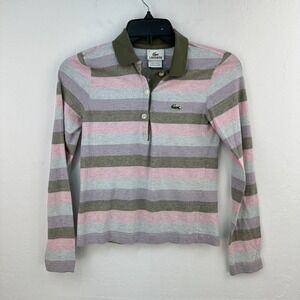 Lacoste Polo Shirt Kids Size‎ 12 Pink Gray Striped 100% Cotton Knit Long Sleeve